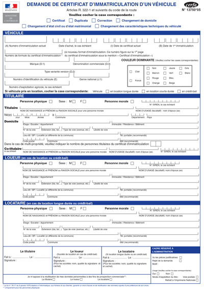 Demande de certificat d'immatriculation