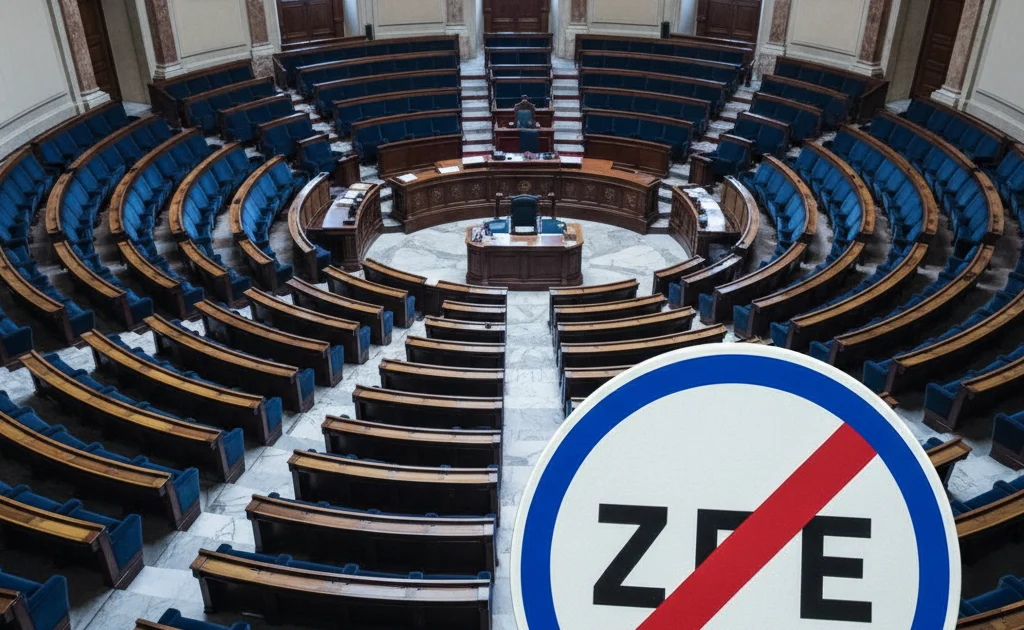 Assemblée nationale vote suppression ZFE 14 avril 2026 – hémicycle et panneau ZFE barré