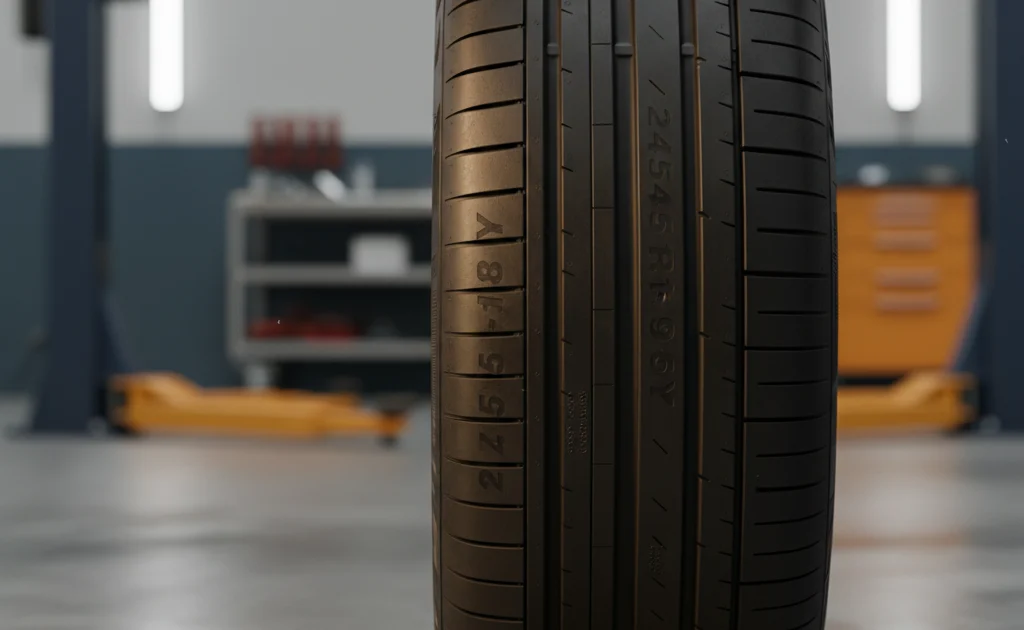 Guide pour choisir ses pneus auto – comprendre les inscriptions du flanc Choisir ses pneus auto : gros plan sur le flanc d'un pneu avec ses marquages de dimensions et indices