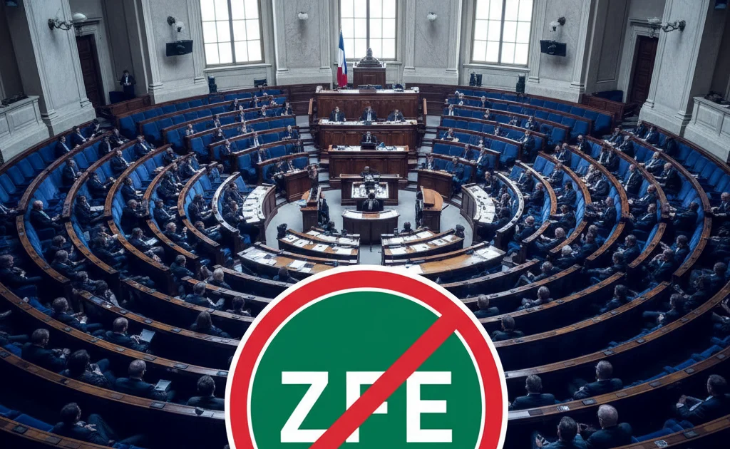 Députés votent suppression ZFE 2026 — hémicycle Assemblée nationale avec panneau ZFE barré