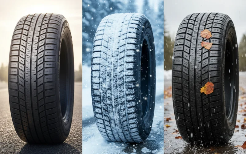 Pneus été, hiver ou 4 saisons : comparaison visuelle pour bien choisir Comparaison pneus été, hiver et 4 saisons : trois pneus dans leurs conditions d'utilisation idéales
