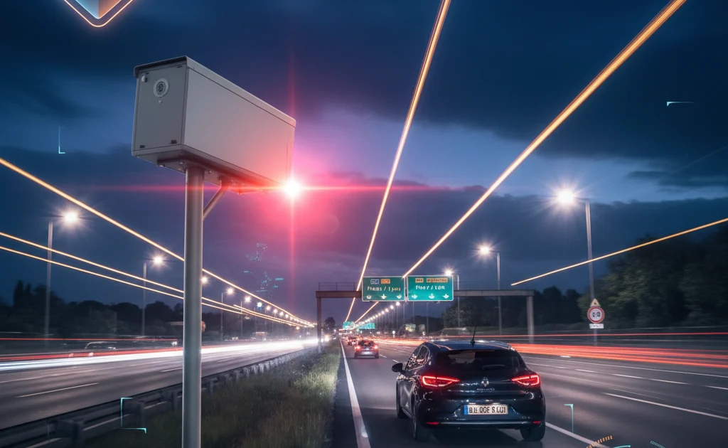 Radar automatique flashant un véhicule avec vérification assurance FVA 2026 en surimpression numérique