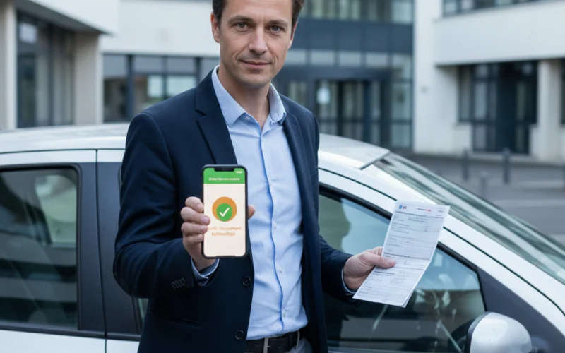 Comment vérifier qu'une carte grise est authentique avant d'acheter un véhicule d'occasion Acheteur vérifiant l'authenticité d'une carte grise sur smartphone avant un achat de véhicule d'occasion