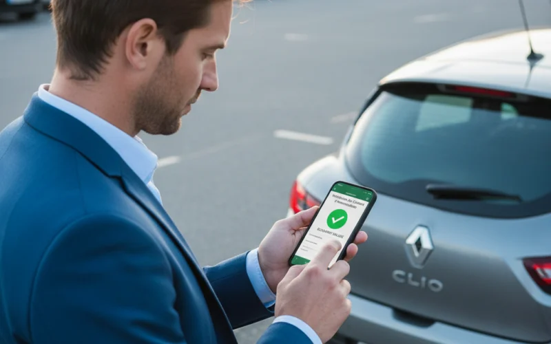 Comment vérifier la légalité d'une carte grise avant d'acheter un véhicule d'occasion Vérification carte grise véhicule occasion 2026 - acheteur consultant un service en ligne d'immatriculation sur smartphone